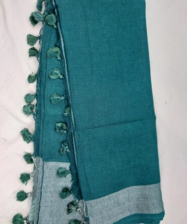 Turkish Blue Silver Zari Border With Tassels  Solid Color Saree