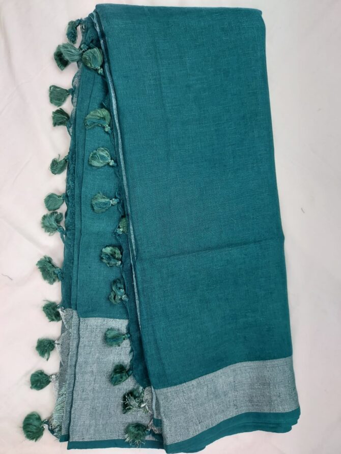Turkish Blue Silver Zari Border With Tassels  Solid Color Saree