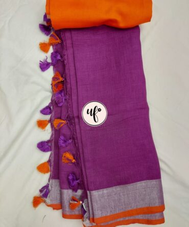 Purple Silver Zari Orange Border Solid Color Saree