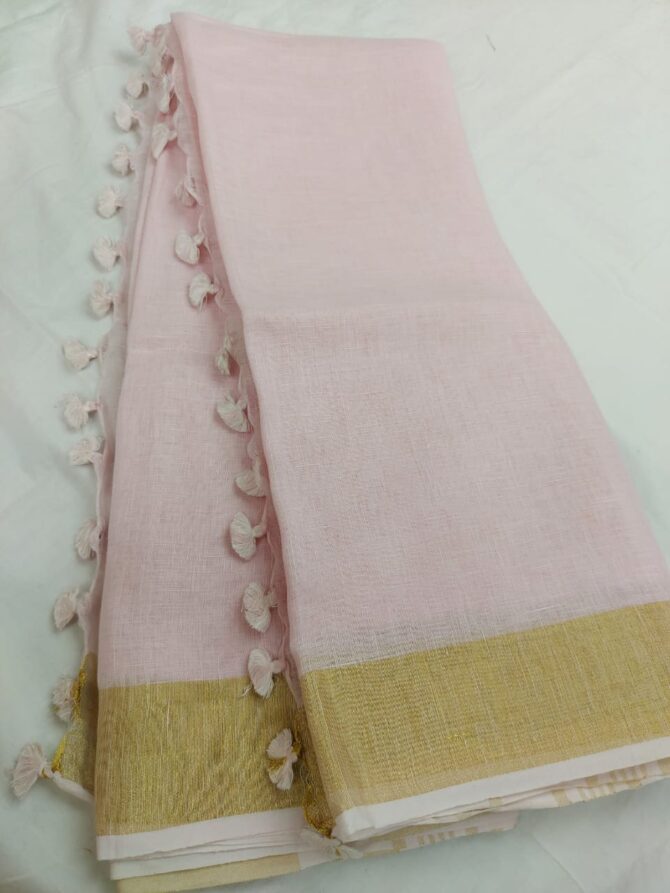 Cream White Golden Zari Border Solid Color Saree