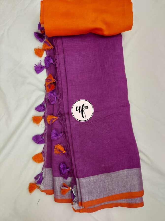 Purple Silver Zari Orange Border Solid Color Saree