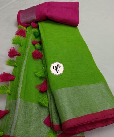 Light Green Silver Zari Pink Border With Tassels Solid Color Saree