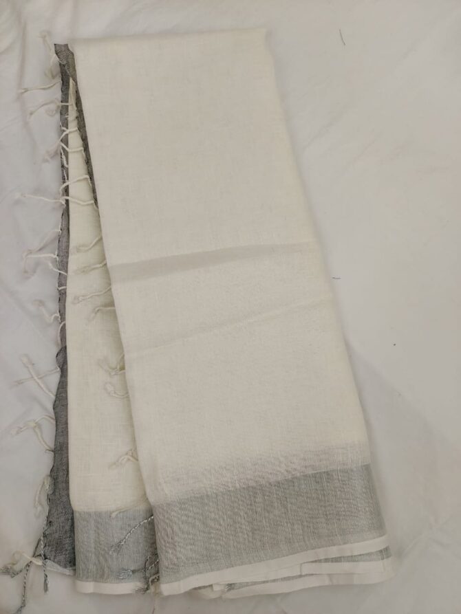 Off-White Silver Zari Border Solid Color Saree