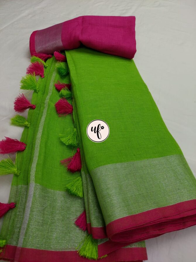 Light Green Silver Zari Pink Border With Tassels Solid Color Saree