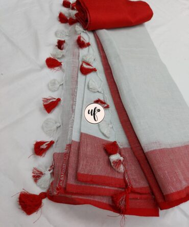 White Red  Zari Border With Tassels Solid Color Saree