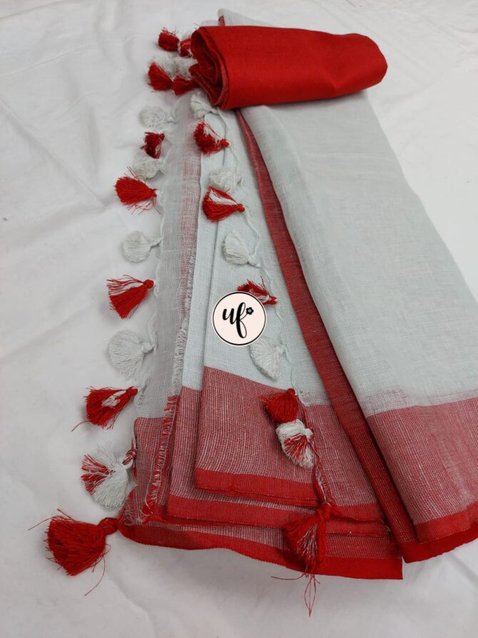 White Red  Zari Border With Tassels Solid Color Saree