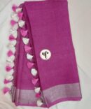 Coral Pink Silver Zari Border With Tassels Solid Color Saree