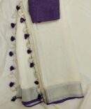 Off-White Silver Zari With Purple Blouse and Tassels Border Solid Color Saree