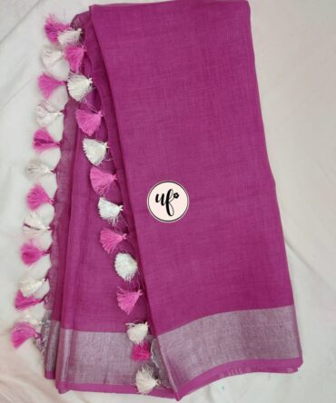 Coral Pink Silver Zari Border With Tassels Solid Color Saree