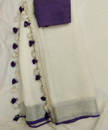 Off-White Silver Zari With Purple Blouse and Tassels Border Solid Color Saree