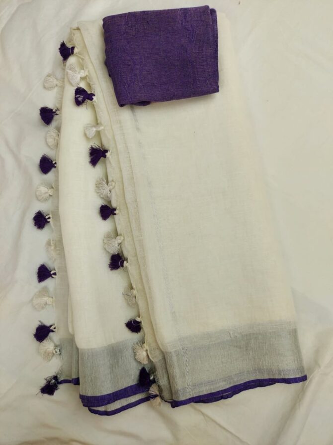 Off-White Silver Zari With Purple Blouse and Tassels Border Solid Color Saree