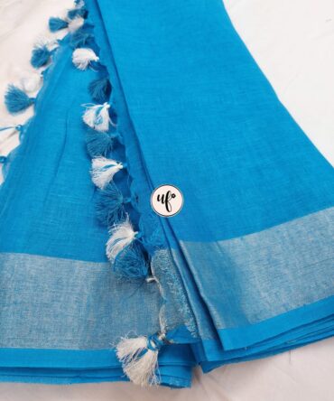 Sky Blue Silver Zari Border With Tassels Solid Color Saree