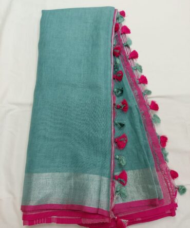 Carolina Silver Zari Border With Pink Tassels Solid Color Saree