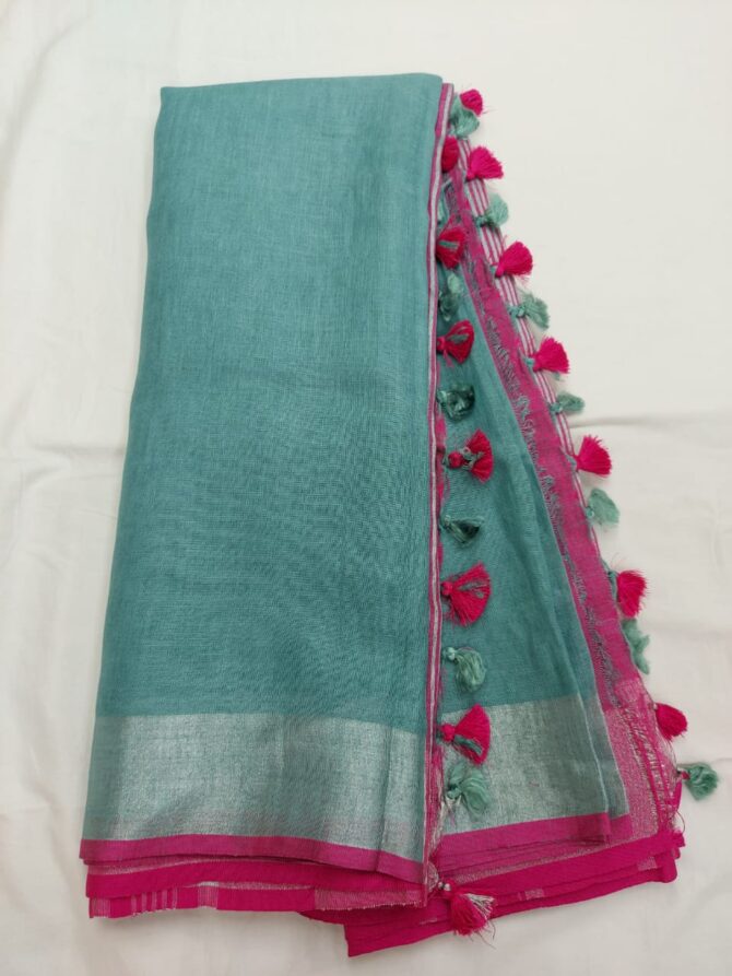 Carolina Silver Zari Border With Pink Tassels Solid Color Saree