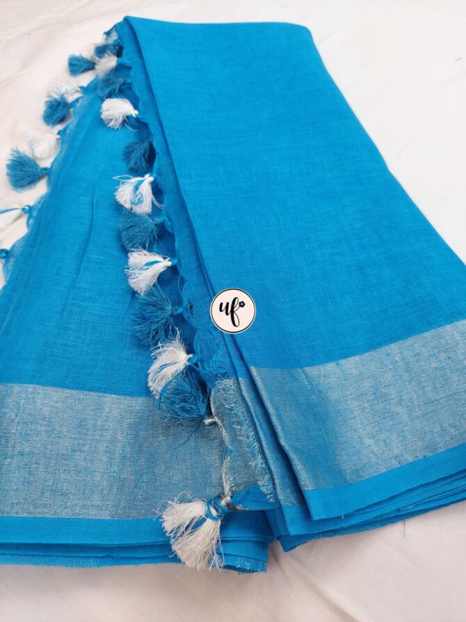 Sky Blue Silver Zari Border With Tassels Solid Color Saree