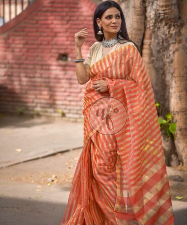 Warm Coral Modal Silk Zari Sarees