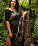 Black linen Zari Kalamkari Print Saree