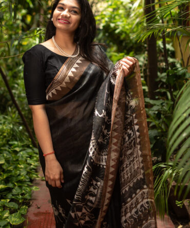 Black linen Zari Kalamkari Print Saree
