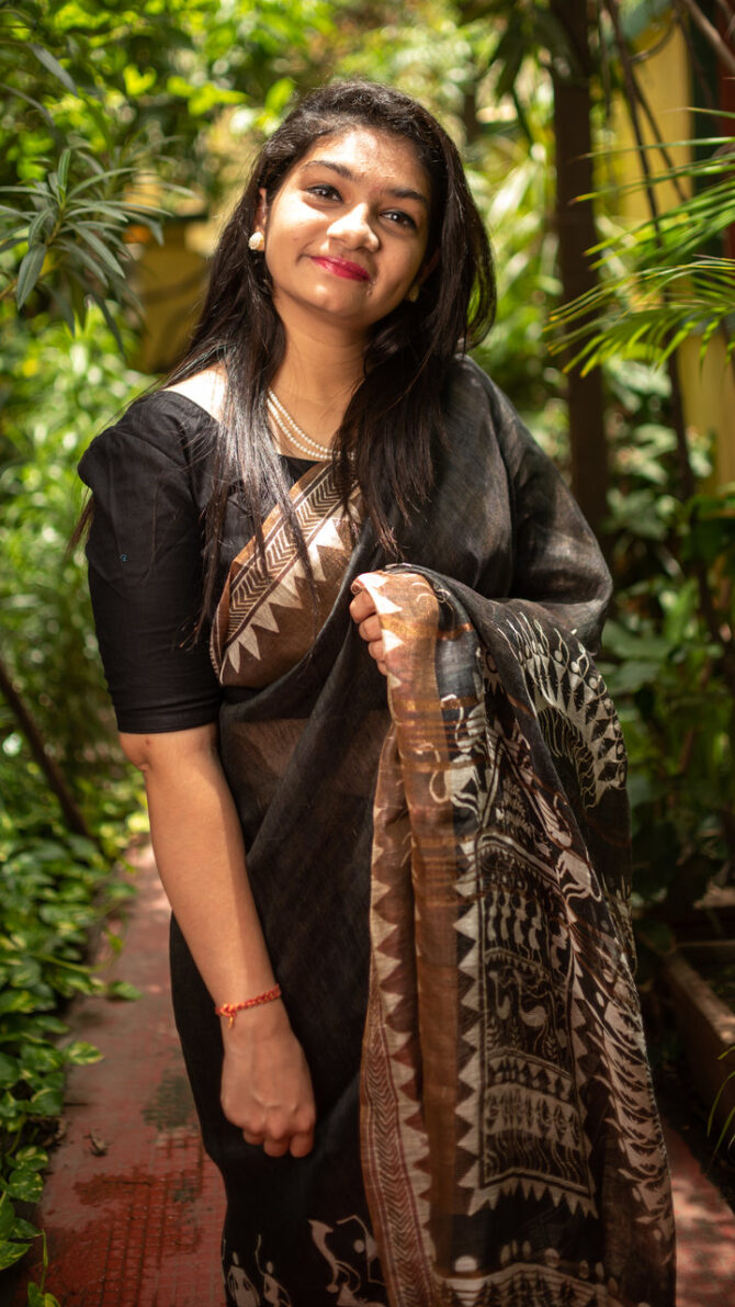 Black Tussar Kalamkari Digital Print Saree