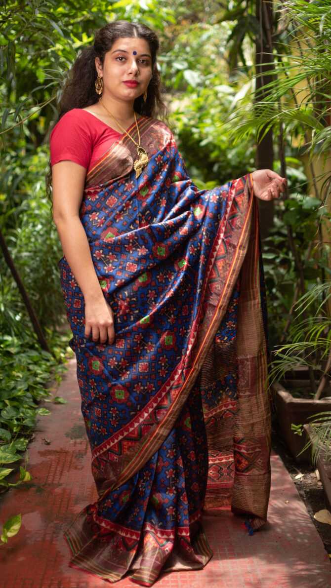 Purple Multicolor ajrakh patolaTussar Digital Printed Saree
