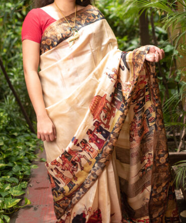 Off-White Tussar Kalamkari Digital Printed Saree