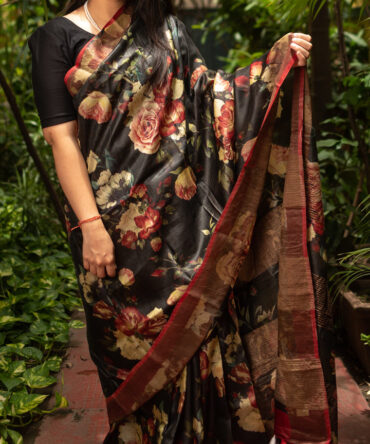 Black Tussar Floral Digital Printed Saree