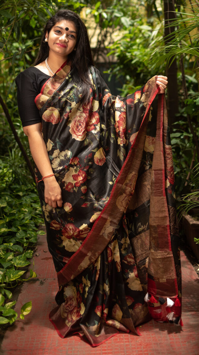 Black Tussar Floral Digital Printed Saree