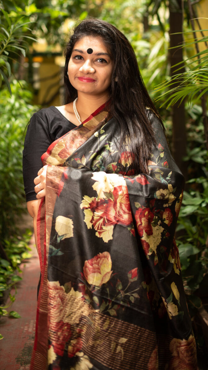 Black Tussar Floral Digital Printed Saree