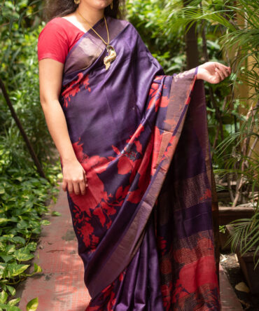 Red Purple Tussar Floral Digital Printed Saree