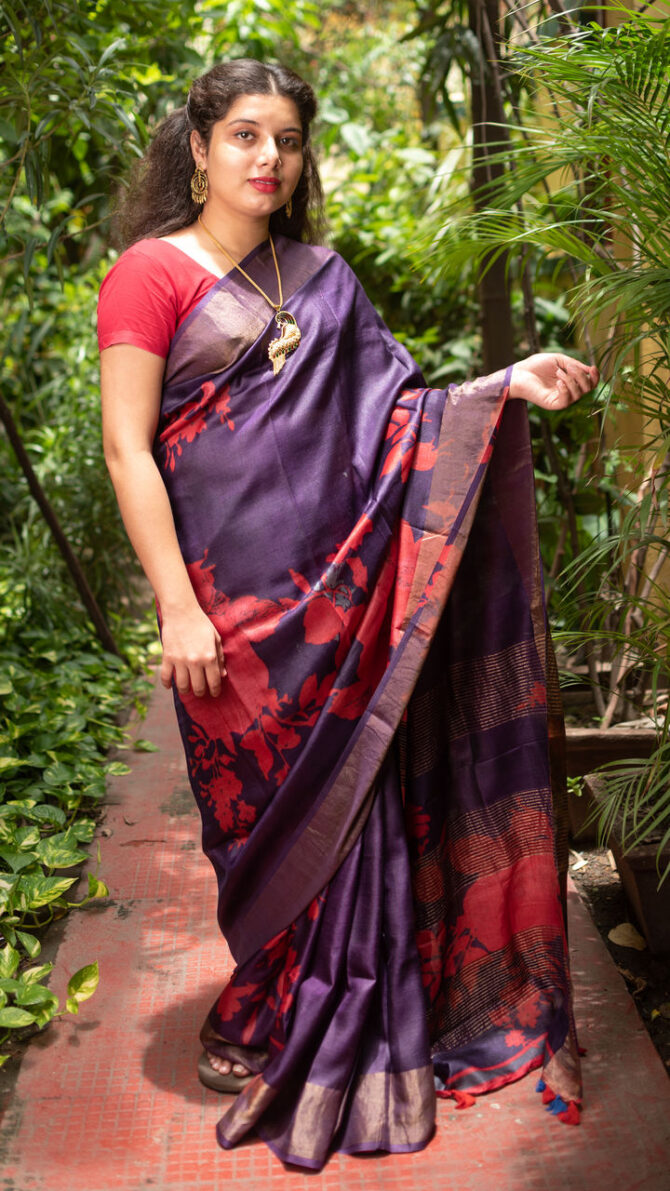 Red Purple Tussar Floral Digital Printed Saree