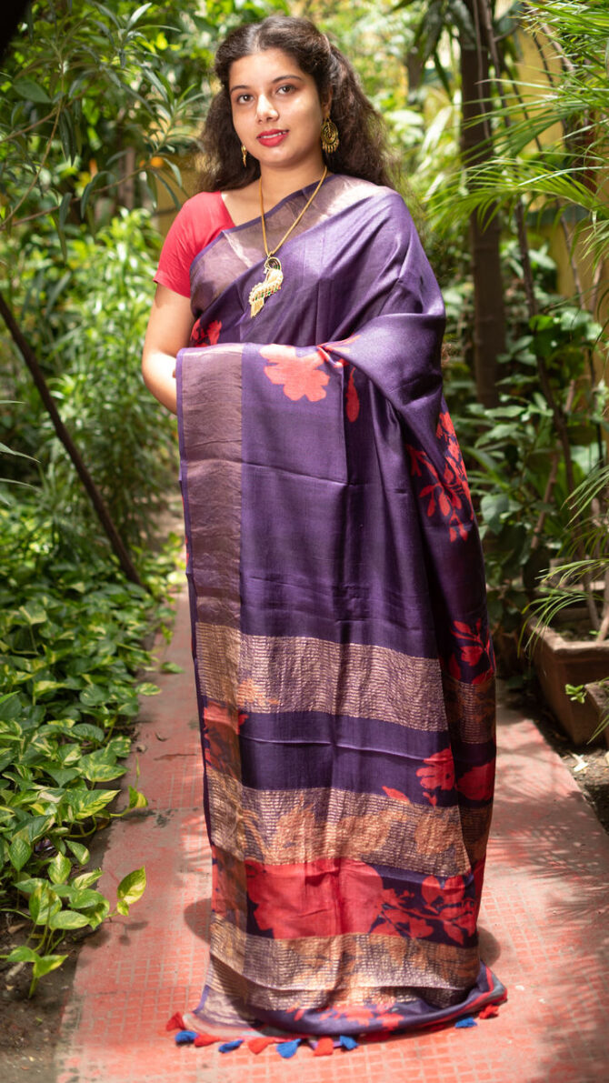 Red Purple Tussar Floral Digital Printed Saree