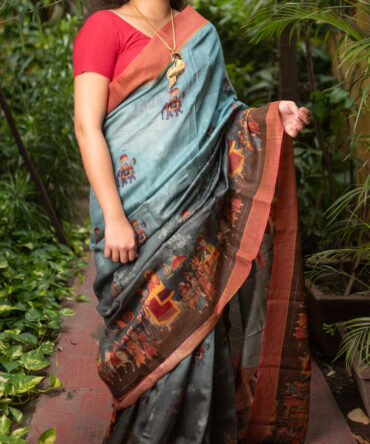 Stone Blue Linen Kalamkari Digital Bird Printed Saree
