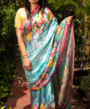 Blue Multicolor kalamkari Linen Digital Printed Saree