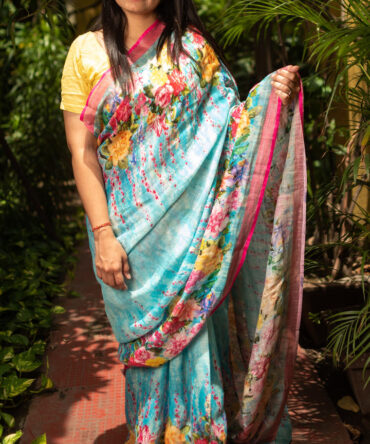 Blue Multicolor kalamkari Linen Digital Printed Saree