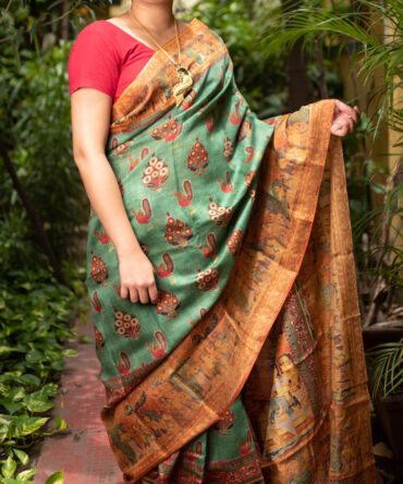 Hunter Green Moonga Silk Digital Kalamkari Printed Saree