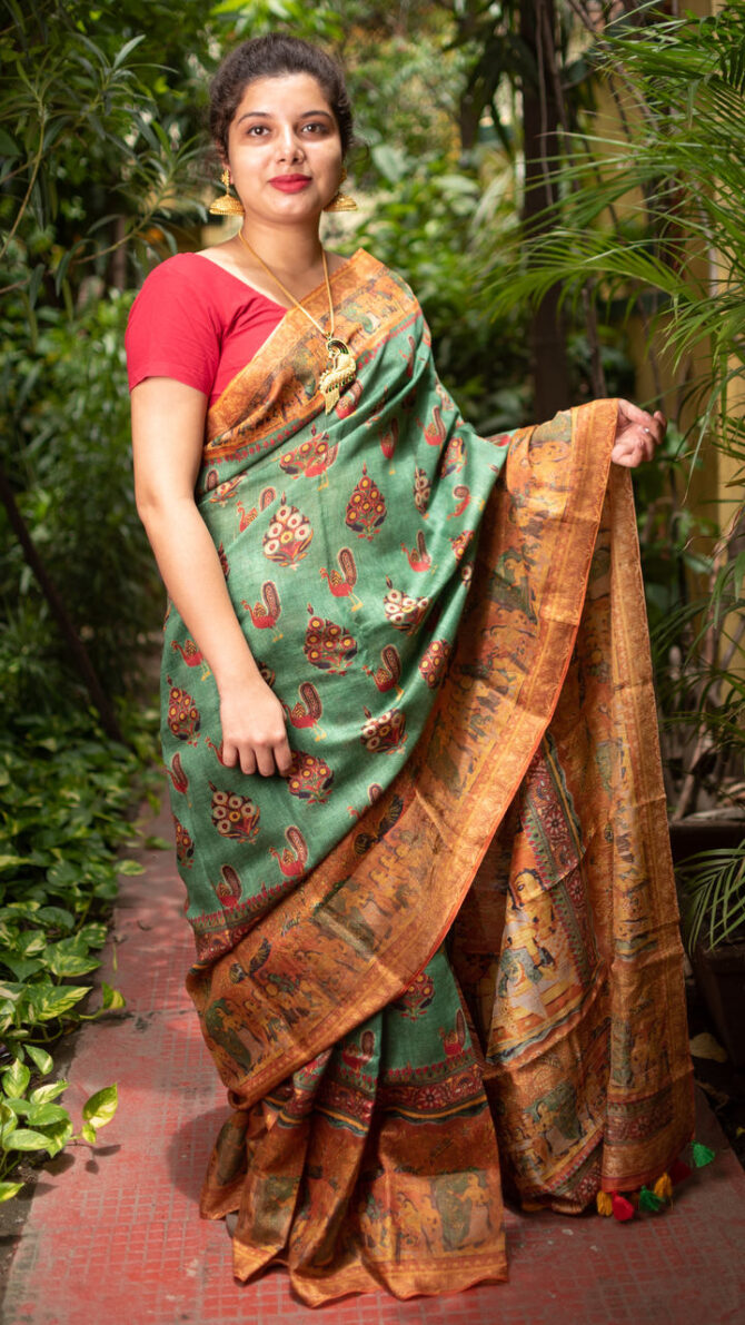 Hunter Green Moonga Silk Digital Kalamkari Printed Saree