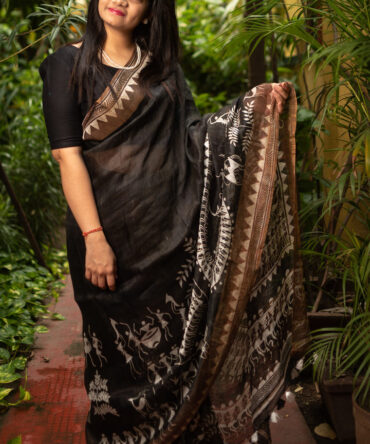 Black Tussar Kalamkari Digital Print Saree