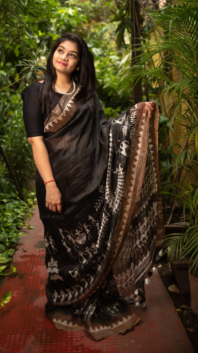 Black Tussar Kalamkari Digital Print Saree