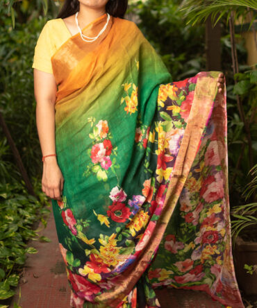 Green Multicolor Linen Floral Digital Print Saree