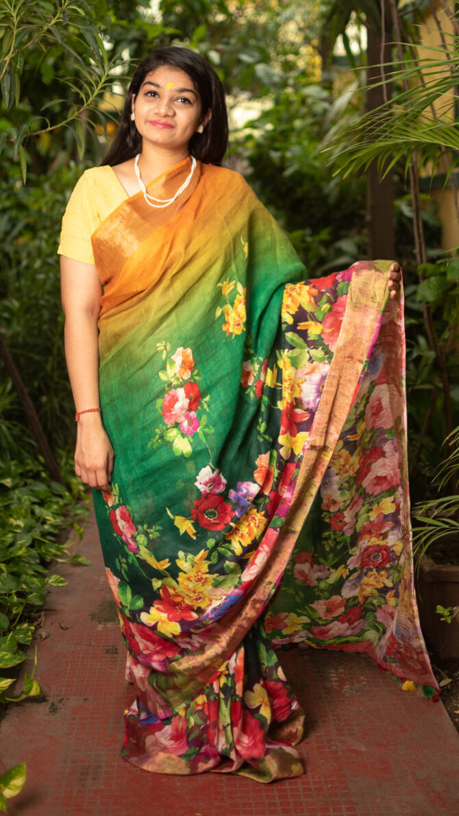Green Multicolor Linen Floral Digital Print Saree