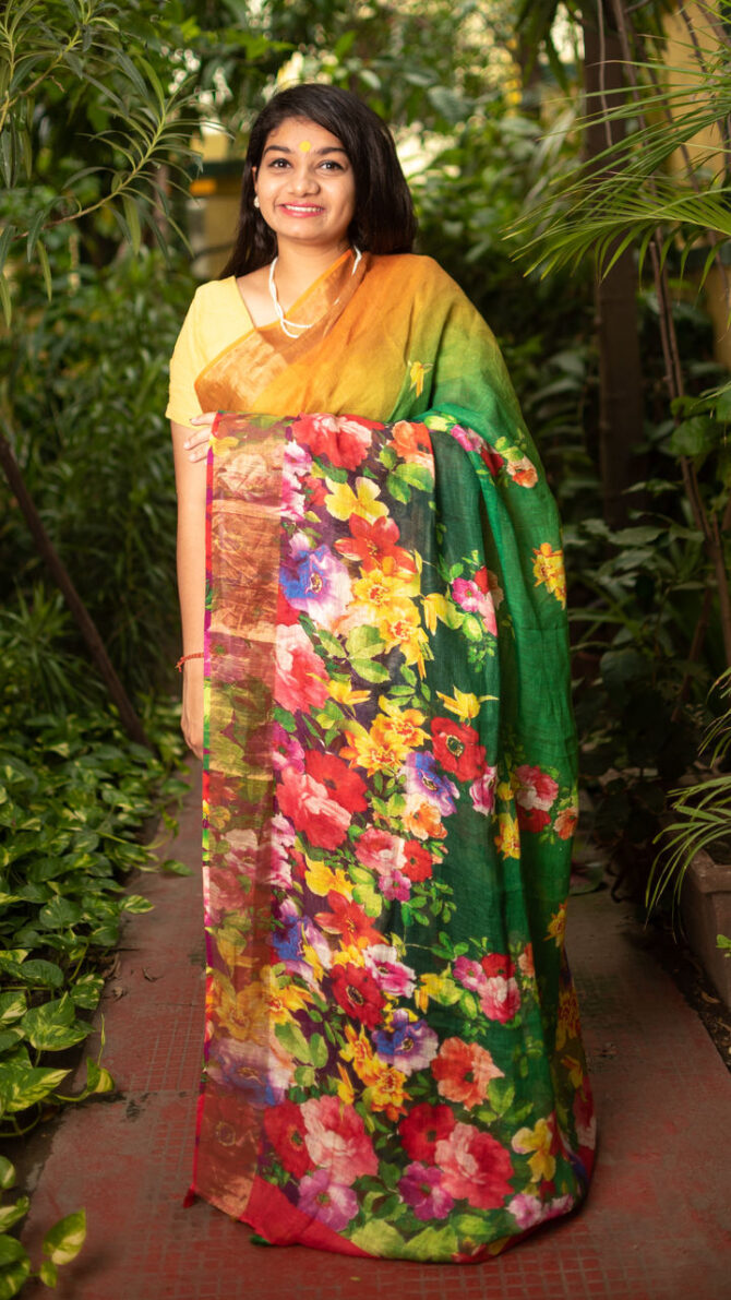 Green Multicolor Linen Floral Digital Print Saree