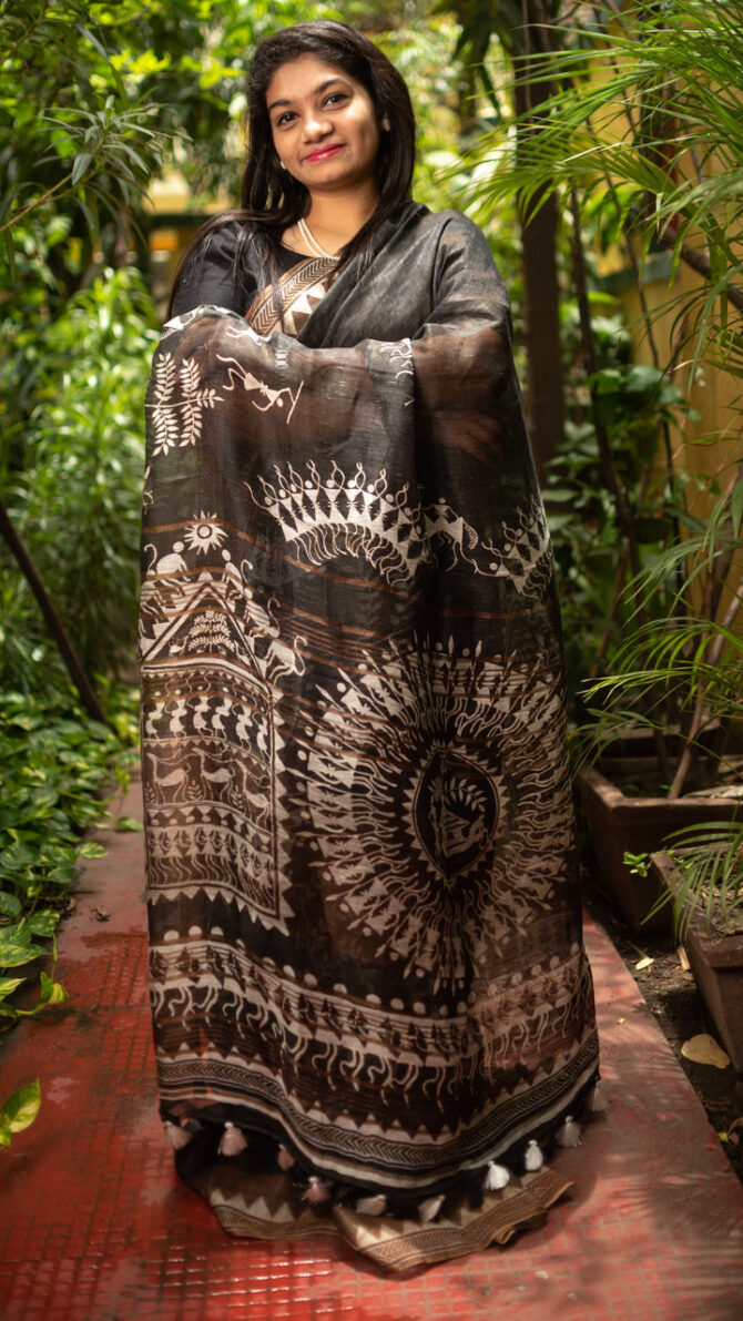 Black Tussar Kalamkari Digital Print Saree