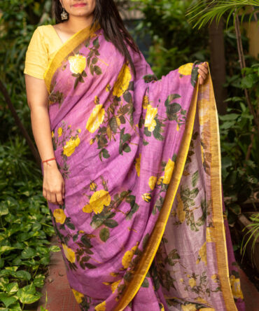 Barbie Pink Floral linen ,Digital Printed Saree