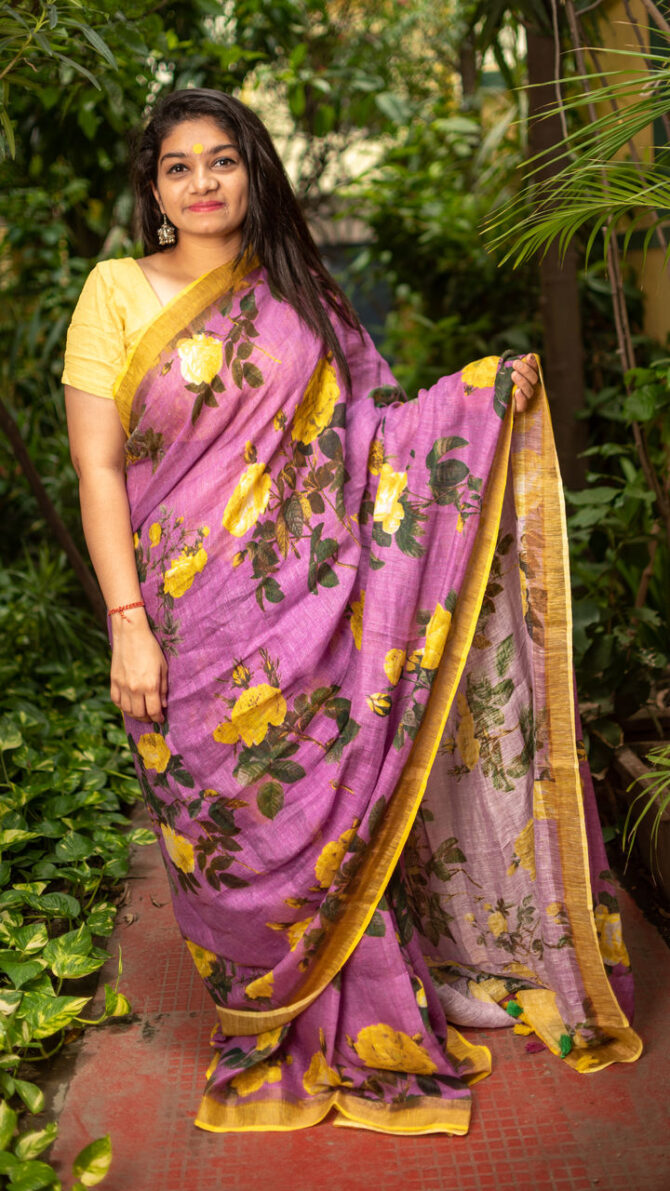 Barbie Pink Floral linen ,Digital Printed Saree