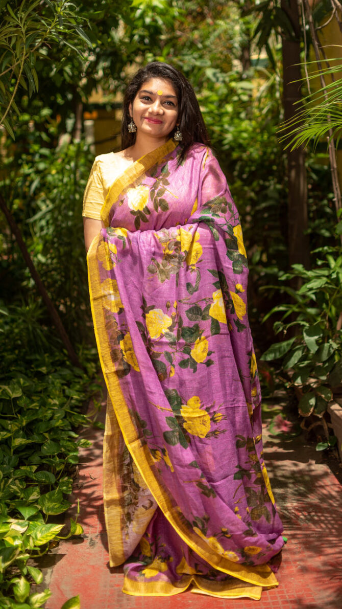 Barbie Pink Floral linen ,Digital Printed Saree