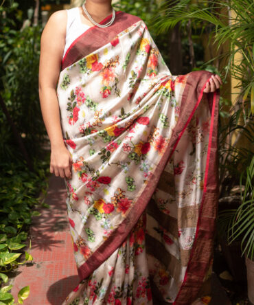 Off-White 3D handloom tussar Multicolor Floral Digital Print Saree