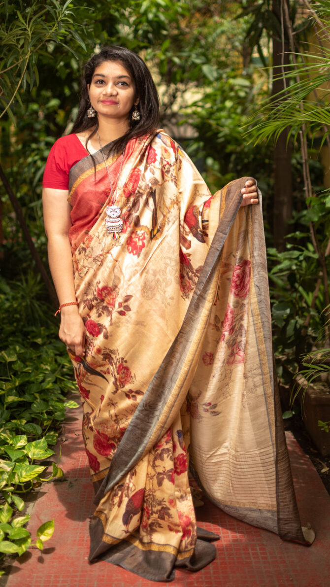 British Tan Beige Multicolor Tussar Saree