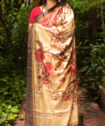 British Tan Beige Multicolor Tussar Saree