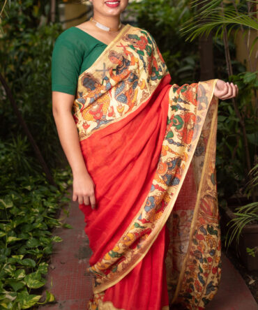 Red and Green Linen Kalamkari  Saree