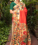 Red Multicolor Linen Kalamkari Digital Print Saree
